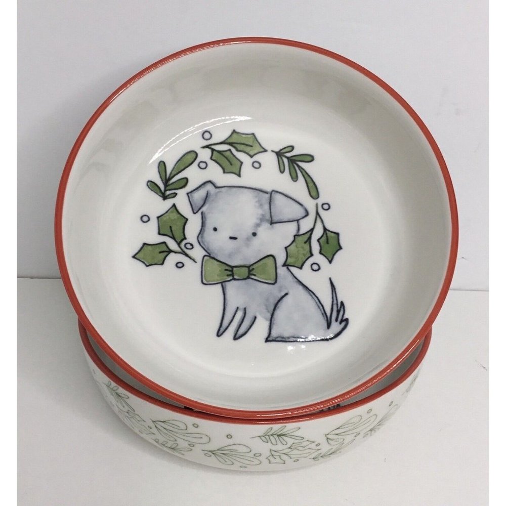 2 Dog Bowl Dish Ceramic Prima Design Christmas Dog  NEW